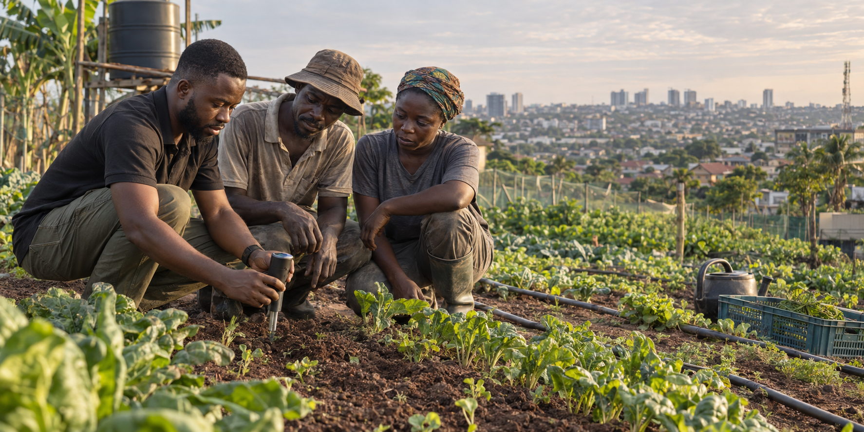 Black growers and an agritech founder testing a soil sensor near Accra