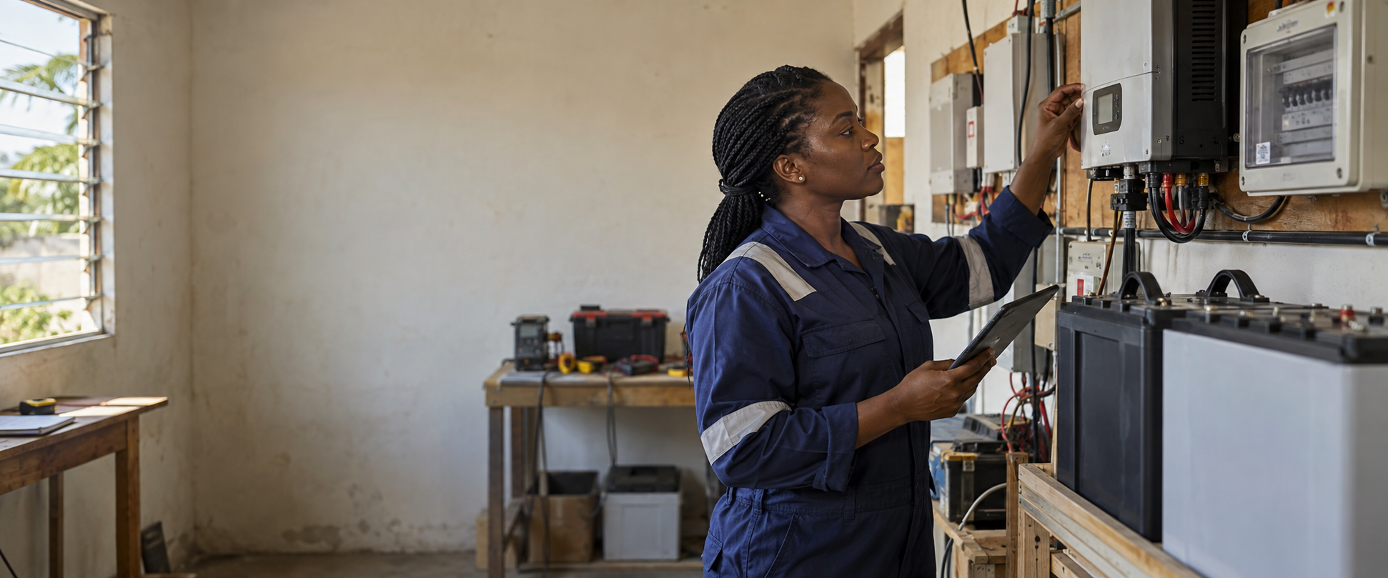 A Black engineer inspecting a practical energy system
